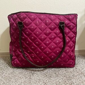 Eddie Bauer Down Quilted Magenta Tote Bag Dark Brown Handles Travel Casual Nylon